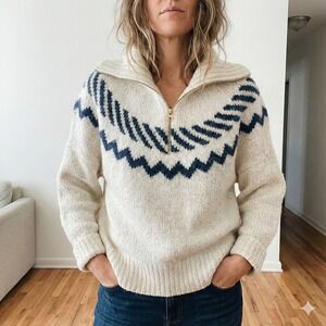 J Crew Half-Zip Turtleneck Sweater Womens XS S Fair Isle Knit Cream Alpaca Blend